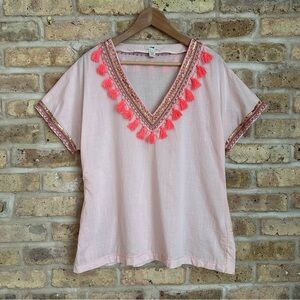 J. Crew Peach Cotton Short Sleeved Tunic w/ Tassels and Embellishments